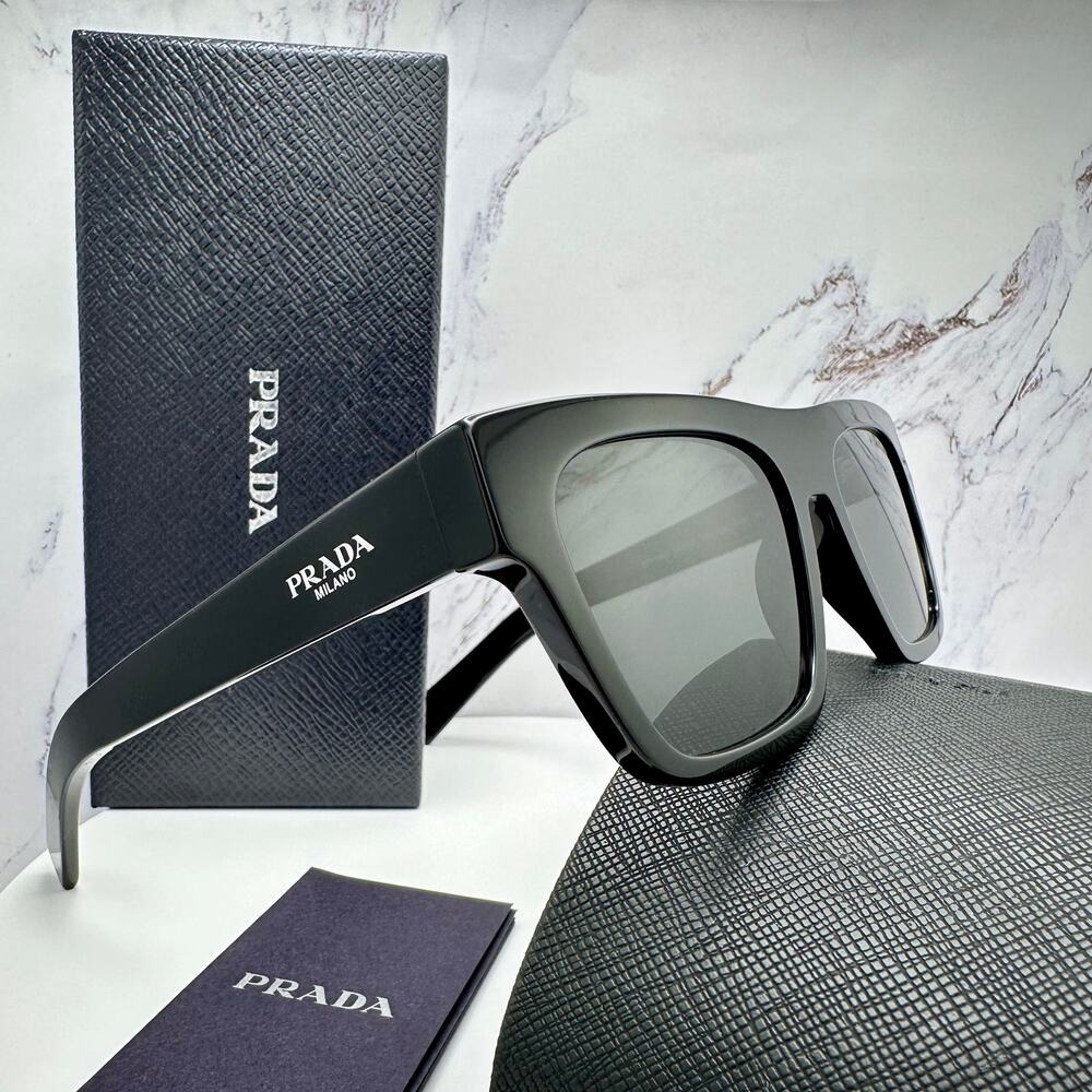 NEW PRADA Sunglasses Black Square Rectangle Gray Lens w/ Box & Case Authentic - Picture 1 of 16